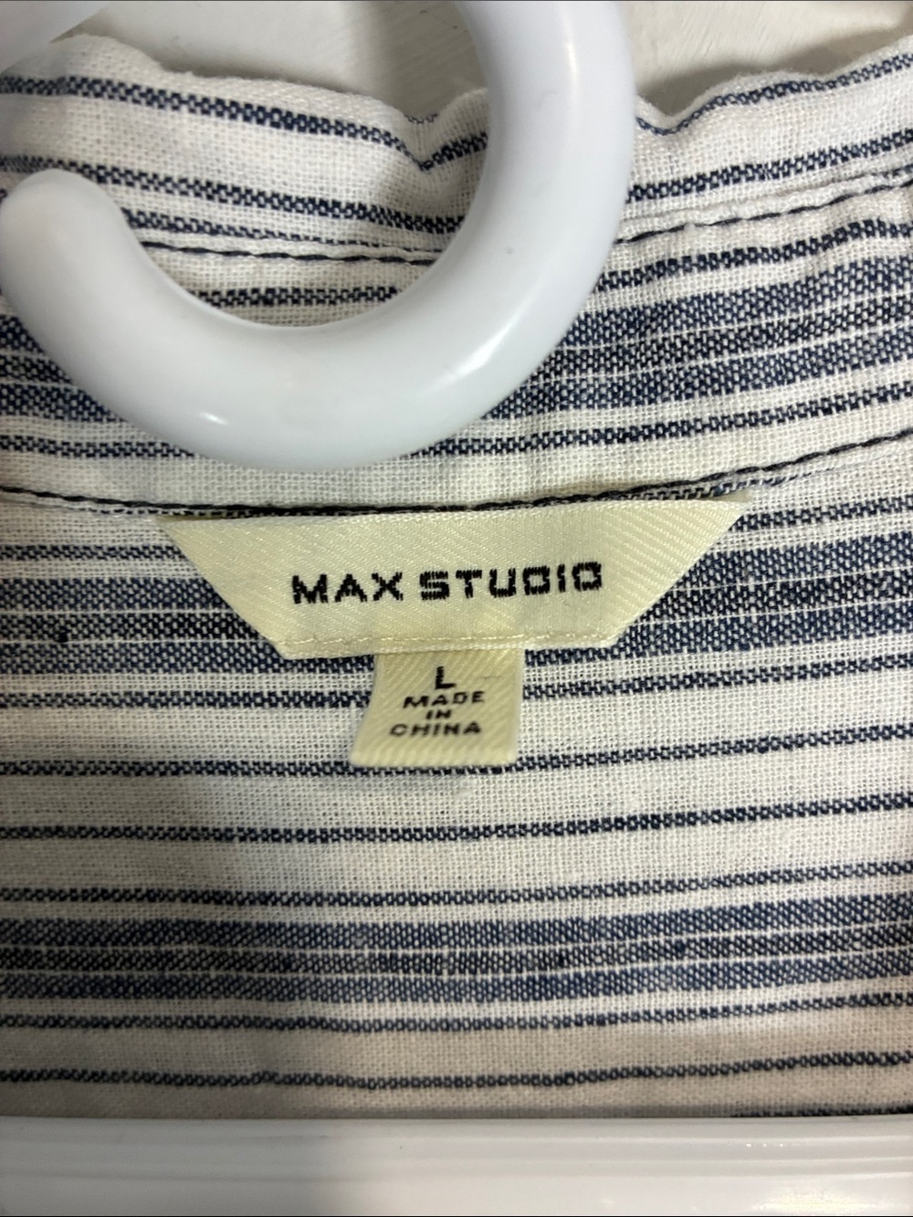 Max Studio Linen Blend Stripe Shirt Dress Blue White Tie Waist Large - Picture 3 of 7